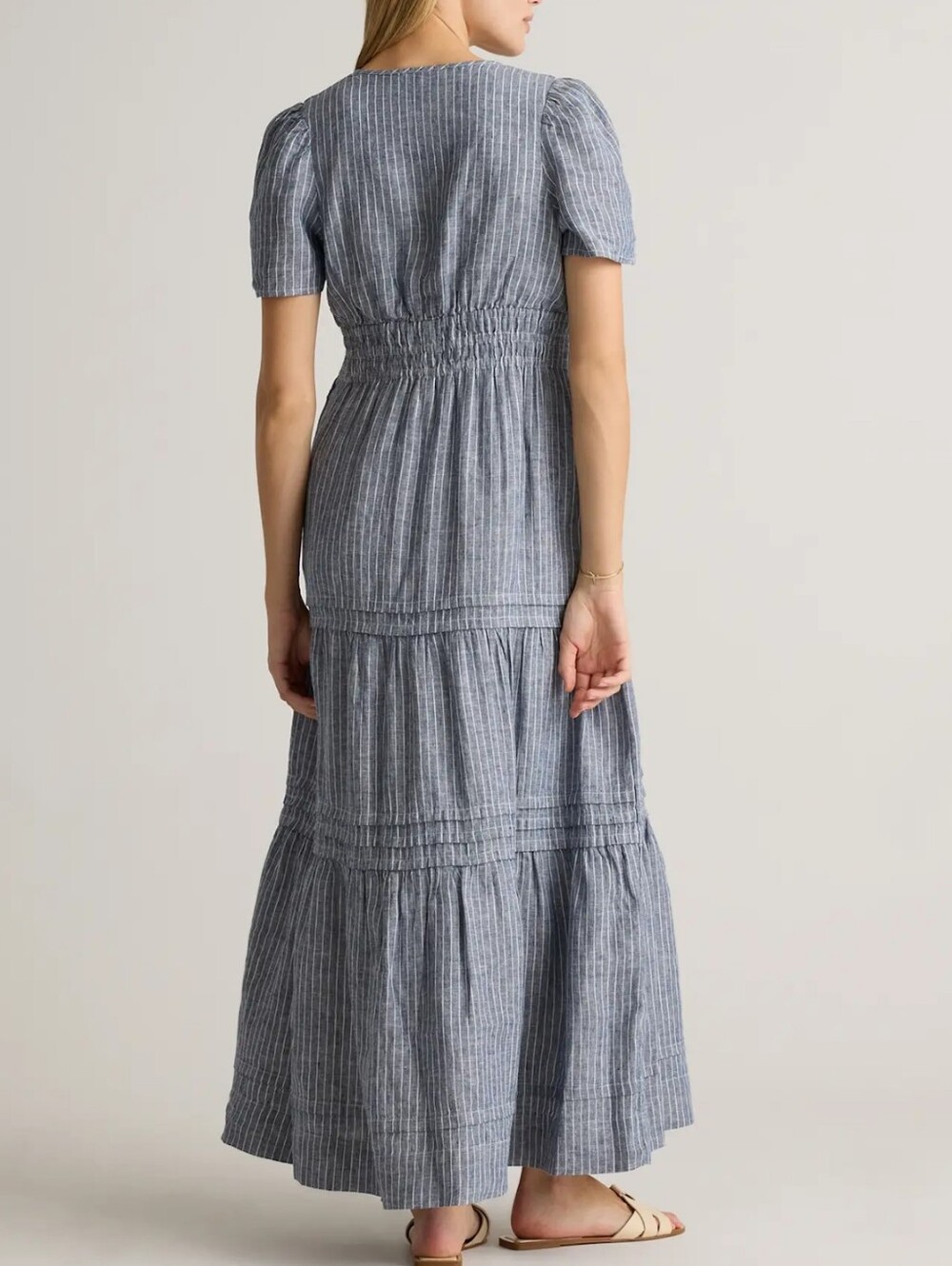 Quince Linen Tiered Maxi Dress In Chambray Stripe Sime M - Picture 2 of 11
